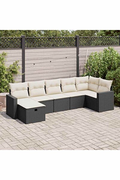 vidaxl Set canapele de gradina cu perne, 7 piese, negru, poliratan