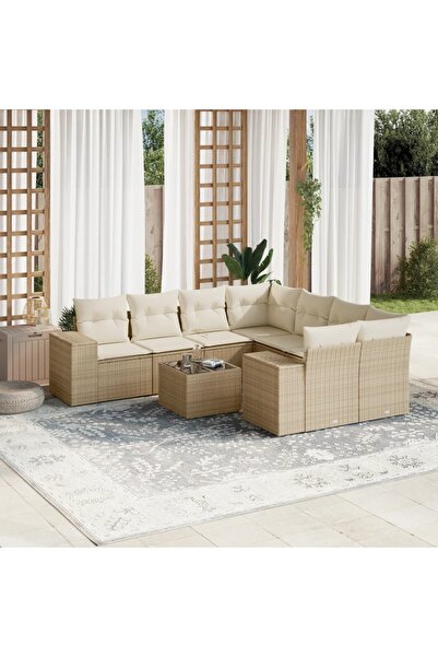 vidaxl Set canapele de gradina, 9 piese, cu perne, bej, poliratan