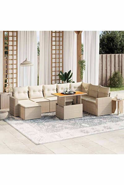 vidaxl Set canapele de gradina, 9 piese, cu perne, bej, poliratan