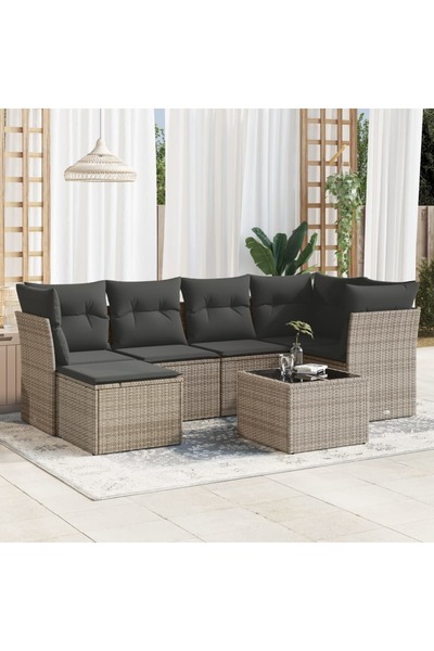 vidaxl Set canapele de gradina, 7 piese, cu perne, gri, poliratan