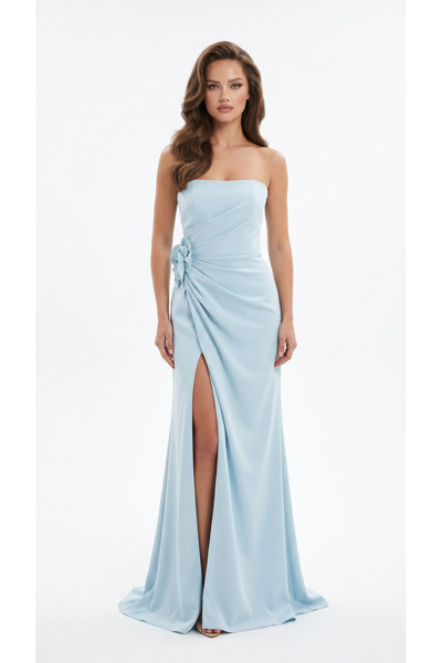 Luna Bride Buz Mavisi Yırtmaçlı Elbise