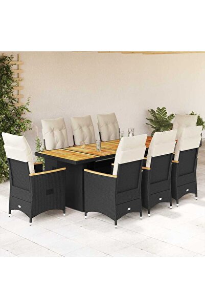 vidaxl Set bistro de gradina, 9 piese, cu perne, negru, poliratan