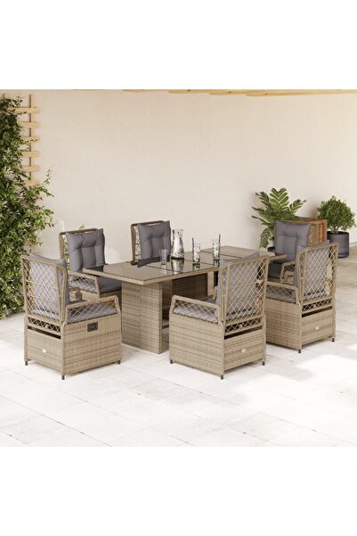 vidaxl Set de masa pentru gradina, 7 piese, cu perne, bej, poliratan
