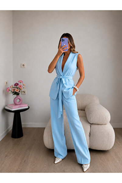 Ekim Store Kruvaze Kuşaklı Yelek Pantolon Blazer Takım