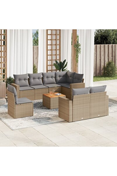 vidaxl Set canapele de gradina, 9 piese, cu perne, bej, poliratan
