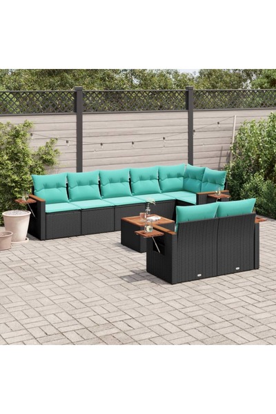 vidaxl Set mobilier de gradina cu perne, 9 piese, negru, poliratan