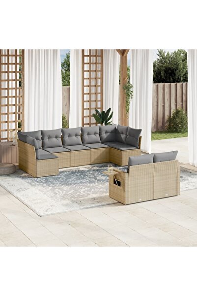 vidaxl Set canapele de gradina, 9 piese, cu perne, bej, poliratan