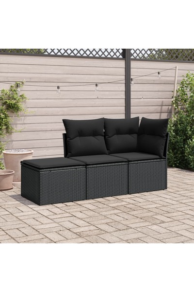 vidaxl Set mobilier de gradina cu perne, 3 piese, negru, poliratan