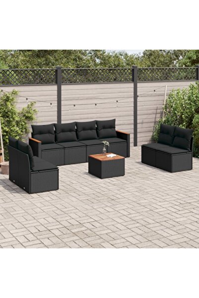 vidaxl Set mobilier de gradina cu perne, 9 piese, negru, poliratan