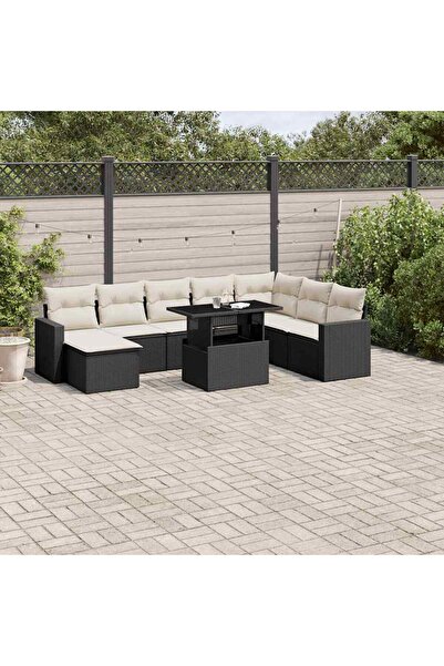 vidaxl Set mobilier de gradina cu perne, 9 piese, negru, poliratan