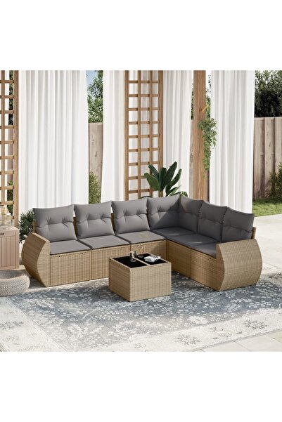 vidaxl Set canapele de gradina, 7 piese, cu perne, bej, poliratan