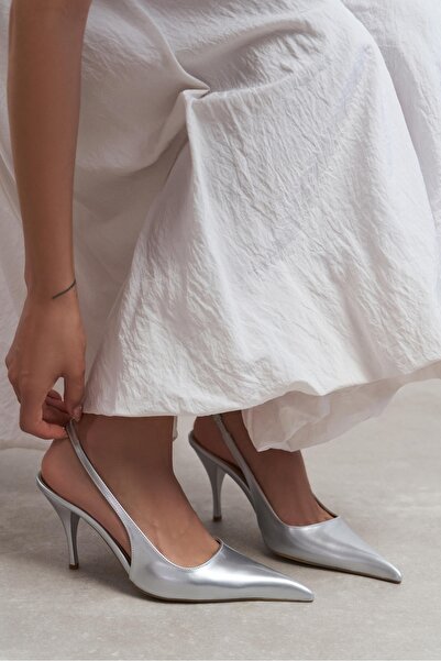 NİŞANTAŞI SHOES Mehru Silver Patent Leather Belt Detail Pointed Toe Women's H...