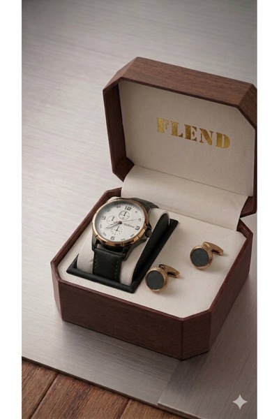 FLEND طقم ساعة جلد هدايا رجالي قطعتين (ساعة+كبك)