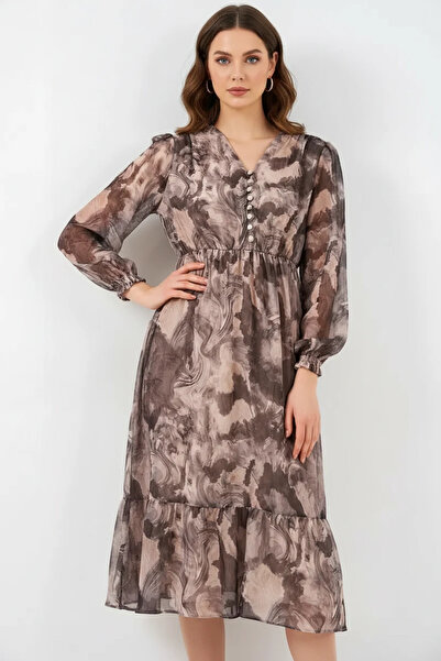 Efnaz style Women's V-Neck Gathered Waist Patterned Chiffon Light Beige Dress