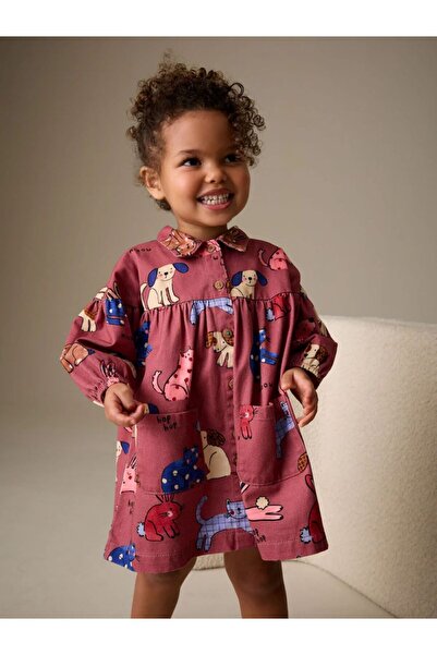 Next Baby Cotton Reddish Brown Animal Print Long-Sleeved Shirt Dress
