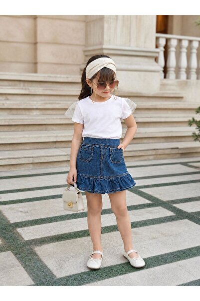 KOKOŞ BEBEK Girl's Tulle Sleeves Combed Cotton Top and Denim Skirt Set - Age ...
