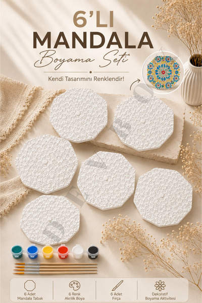 devhome 6’lı DIY Mandala Boyama Seti Kabartmalı Dekoratif Taş Tabak Hobi Seti...
