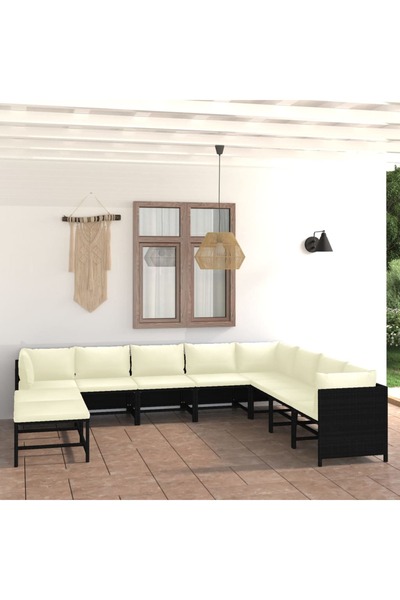 vidaxl Set mobilier de gradina cu perne, 11 piese, negru, poliratan