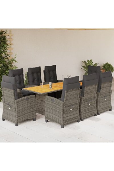 vidaxl Garden furniture set with cushions, 9 pieces, grey, polyrattan