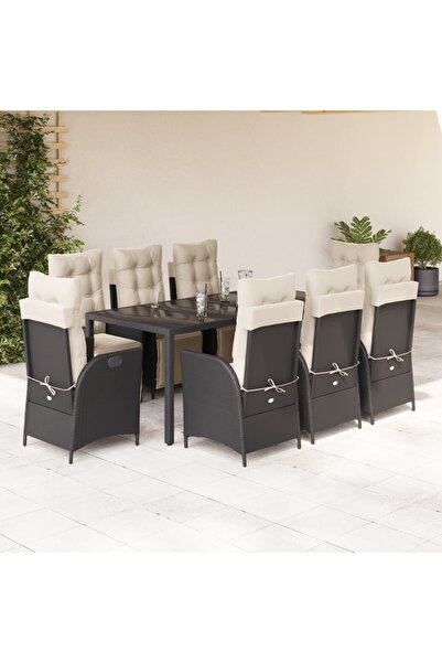vidaxl Set mobilier de gradina cu perne, 9 piese, negru, poliratan