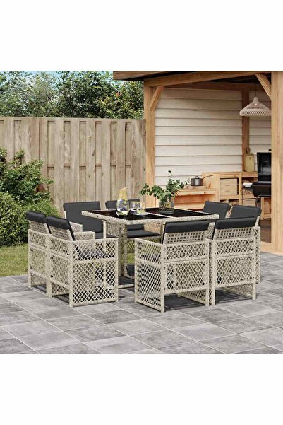 vidaxl Garden furniture set with cushions, 9 pieces, light grey, polyrattan