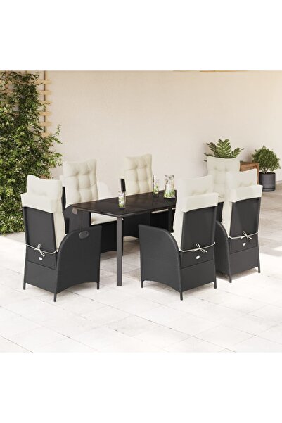 vidaxl Set mobilier de gradina cu perne, 7 piese, negru, poliratan