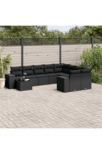 vidaxl Garden sofa set with cushions, 10 pieces, black, polyrattan