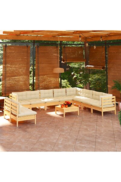 vidaxl Set mobilier gradina cu perne crem, 11 piese, lemn masiv de pin