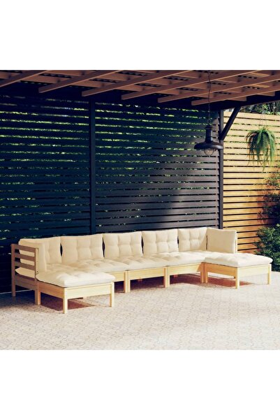 vidaxl Set mobilier gradina cu perne crem, 7 piese, lemn masiv pin