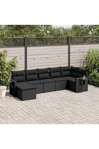 vidaxl Garden sofa set with cushions, 7 pieces, black, polyrattan