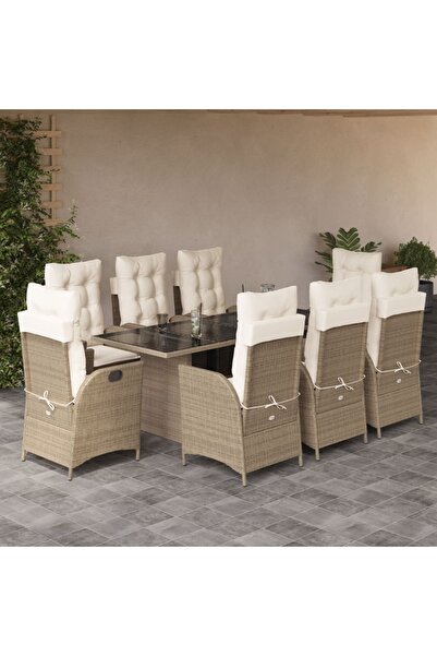 vidaxl Set de masa pentru gradina, 9 piese, cu perne, bej, poliratan