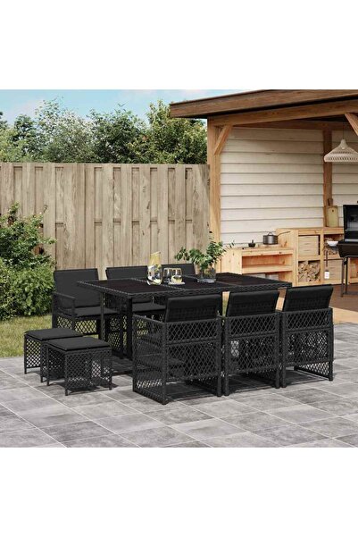 vidaxl Outdoor furniture set with cushions, 11 pieces, black, polyrattan