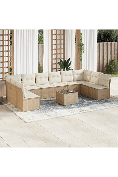 vidaxl Garden sofa set with cushions, 11 pieces, beige, polyrattan