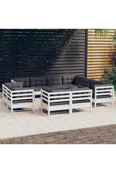 vidaxl Set mobilier gradina cu perne, 11 piese, alb, lemn masiv pin