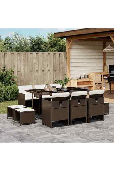 vidaxl Set mobilier de gradina cu perne, 11 piese, maro, poliratan