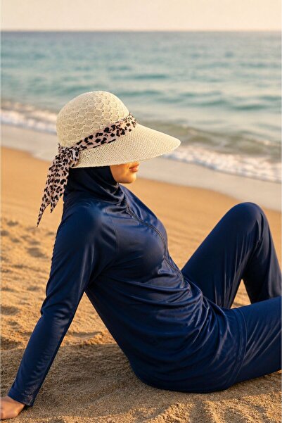 EBRUTESETTÜR Leopard Pattern Scarf Straw Beach Hat Cream