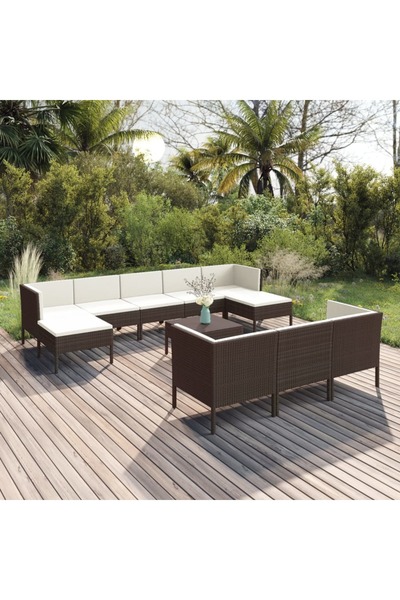 vidaxl Set mobilier de gradina cu perne, 11 piese, maro, poliratan