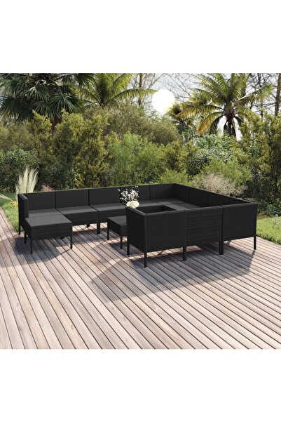 vidaxl Set mobilier de gradina cu perne, 12 piese, negru, poliratan