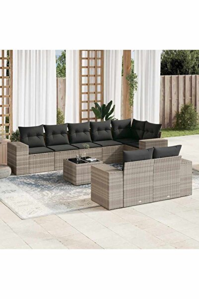vidaxl Garden sofa set with cushions, 9 pieces, light grey, polyrattan