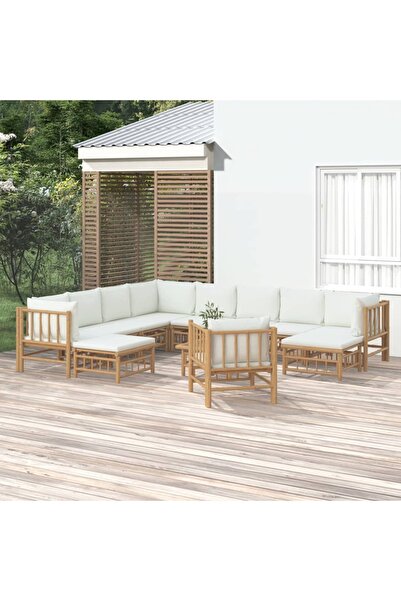 Concept Set mobilier de grădină cu perne alb crem, 12 piese, bambus