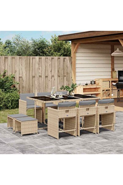 vidaxl Garden furniture set with cushions, 11 pieces, beige, combined polyrattan