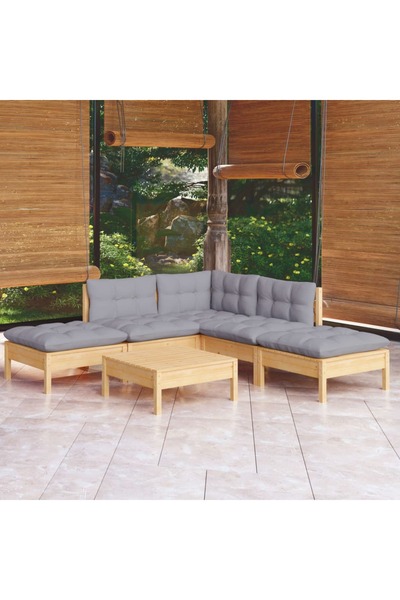 vidaxl Set mobilier gradina cu perne gri, 6 piese, lemn de pin