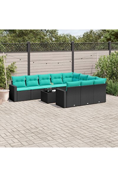 vidaxl Garden sofa set with cushions, 11 pieces, black, polyrattan