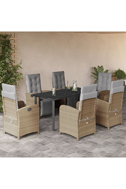 vidaxl 7-piece garden table set with cushions, beige, polyrattan