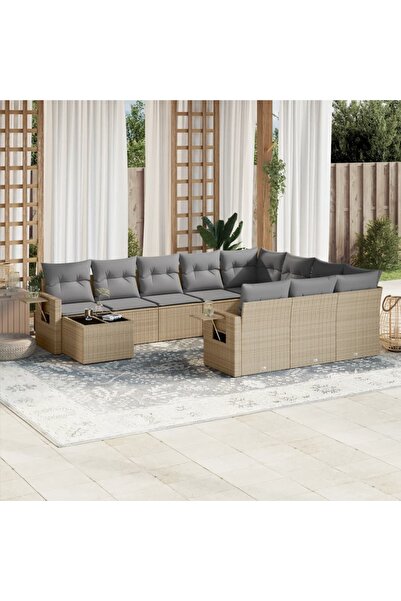 vidaxl Garden sofa set with cushions, 11 pieces, beige, polyrattan