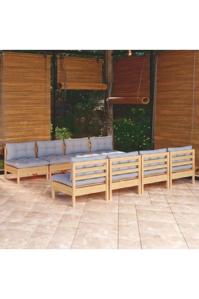 vidaxl Set mobilier de gradina cu perne gri, 9 piese, lemn masiv pin