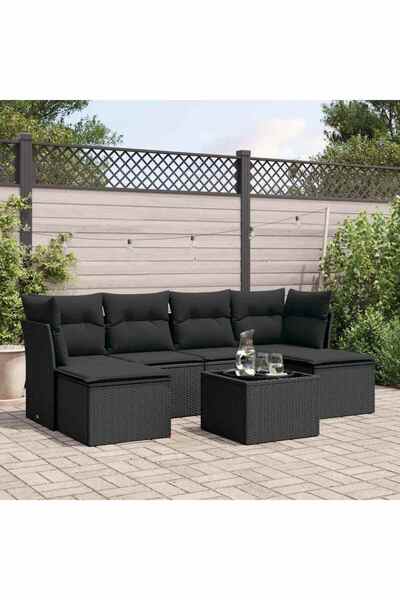 vidaxl Set canapele de gradina cu perne, 7 piese, negru, poliratan