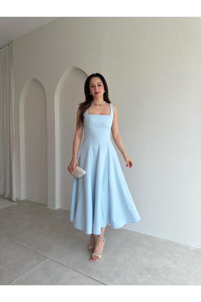 Mooi Butik Lavoi̇r Belted Midi Dress 5480 - Baby Blue