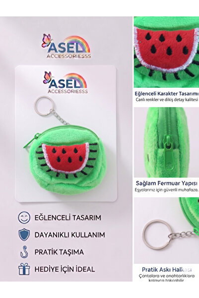 Aselaksesuarr Meyve Figürlü Peluş Kancalı Mini Kız Çocuk Cüzdanı ve Çanta Aks...