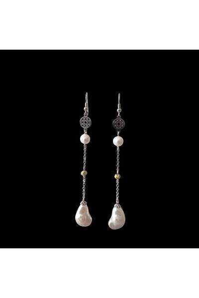 925 Rhodium-plated silver earrings, white baroque cultured pearls